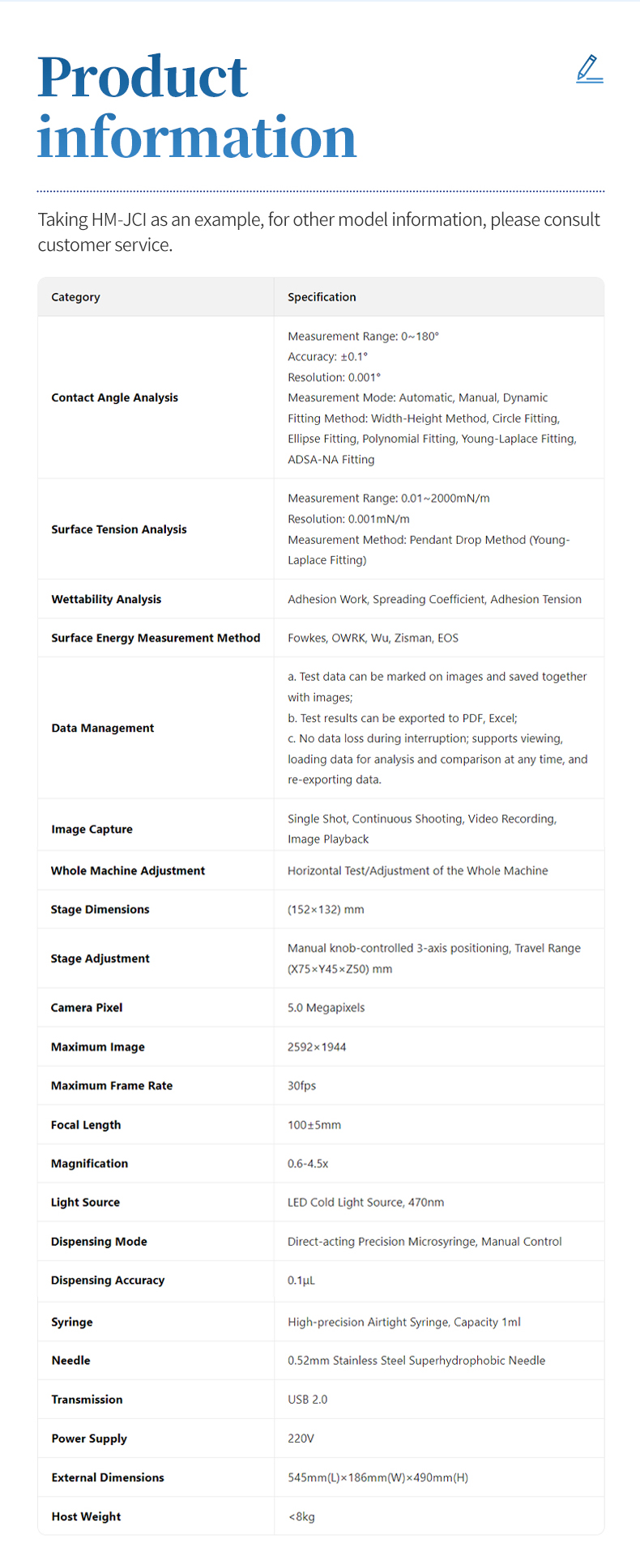 Product specification table showing contact angle surface tension and wettability analysis parameters