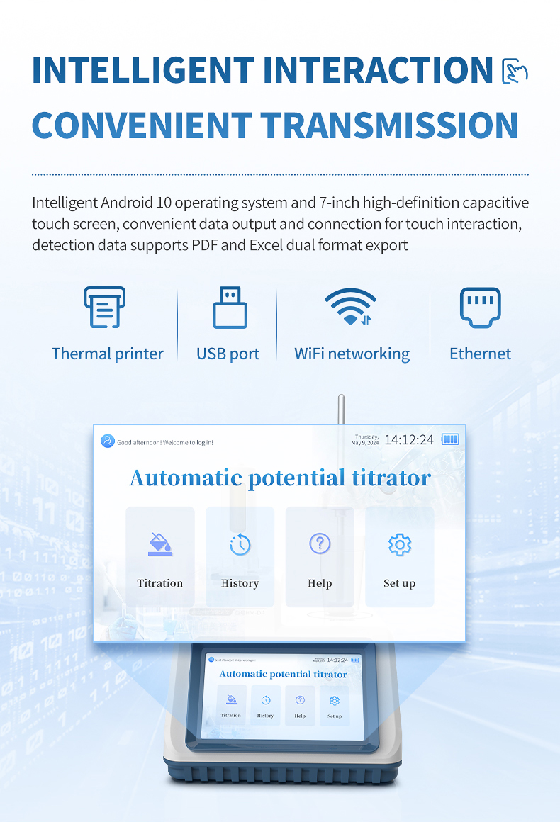 Water quality laboratory setup with HM-D2 transmitting conductivity titration results to LIMS via WiFi connectivity