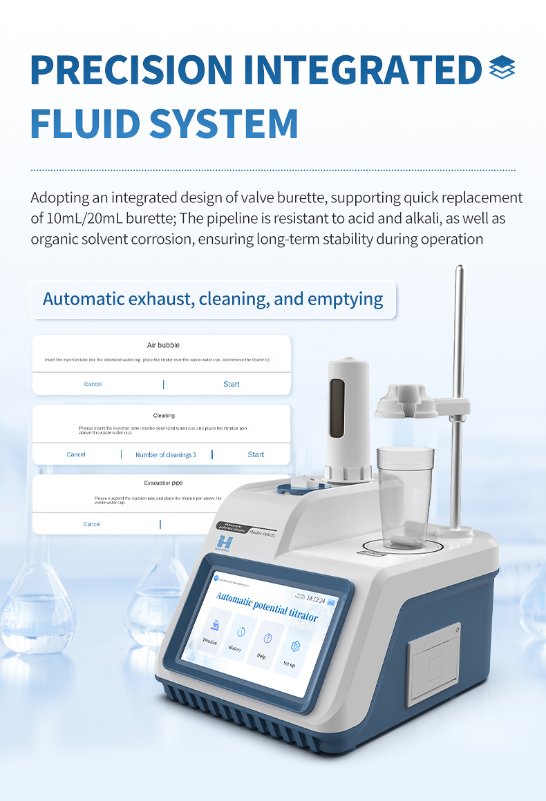 Fluid path maintenance showing automatic cleaning cycle and conductivity probe inspection for water testing operations