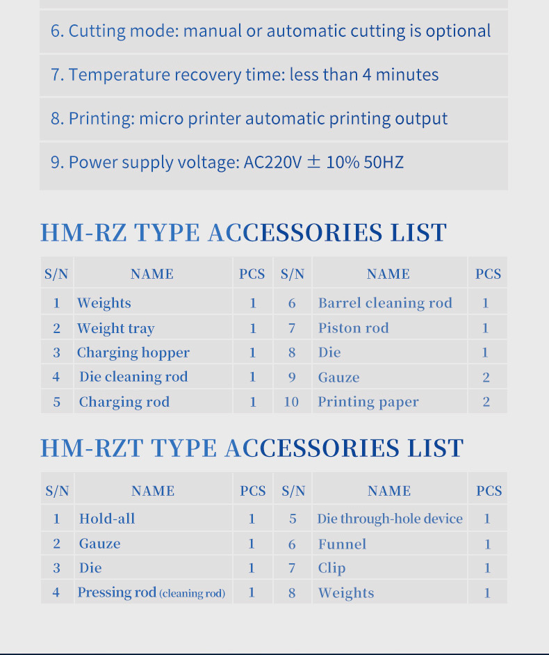 Detailed accessories list for HM-RZ and HM-RZT models including hold-all funnel clip pressing rod and weights