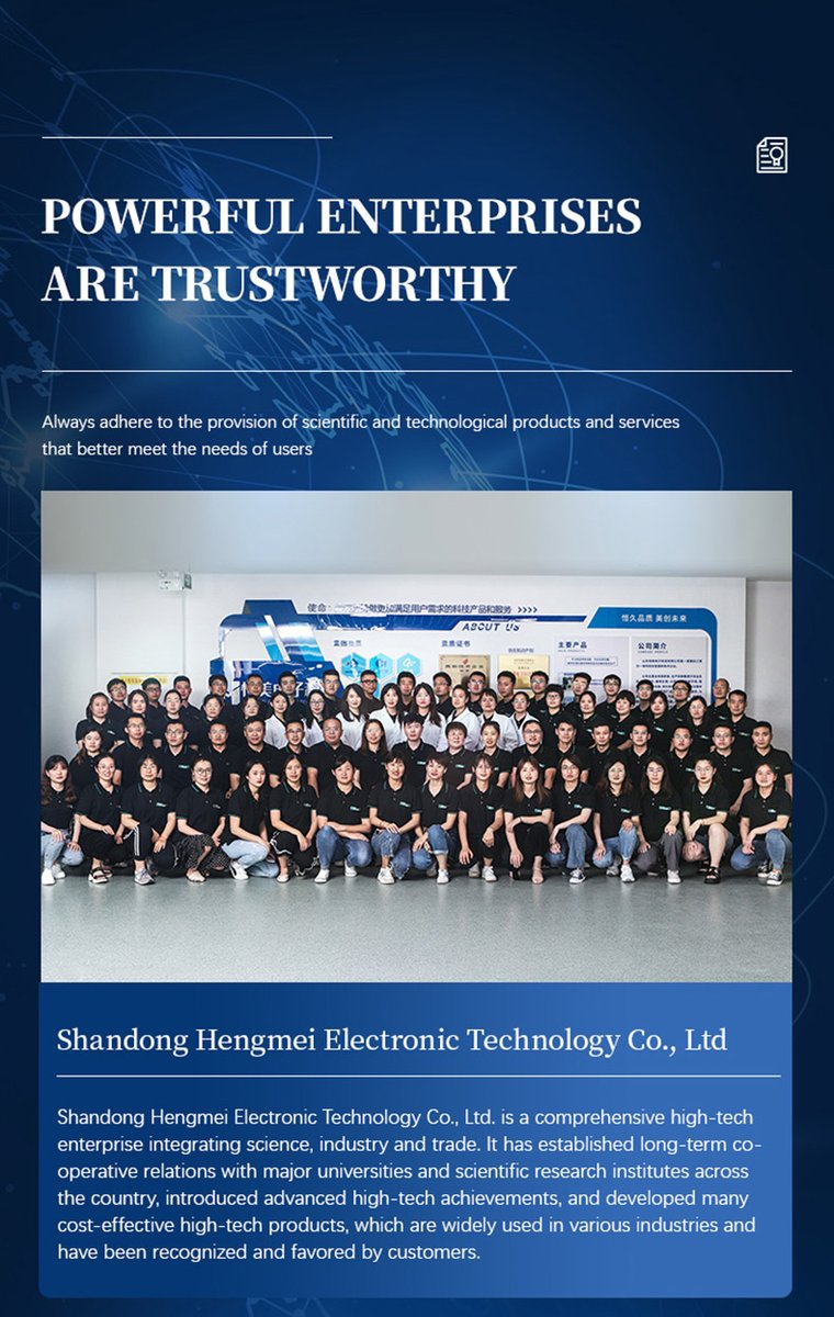 Hengmei Electronic Technology professional team photo with company mission statement and honorary certificate display