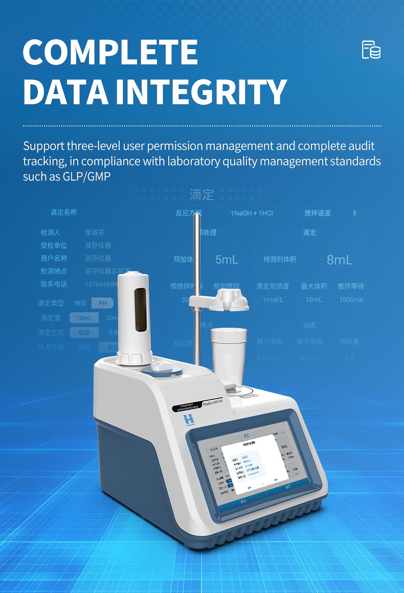 Complete data integrity compliance with three-level user permissions and audit trail conforming to GLP and GMP standards