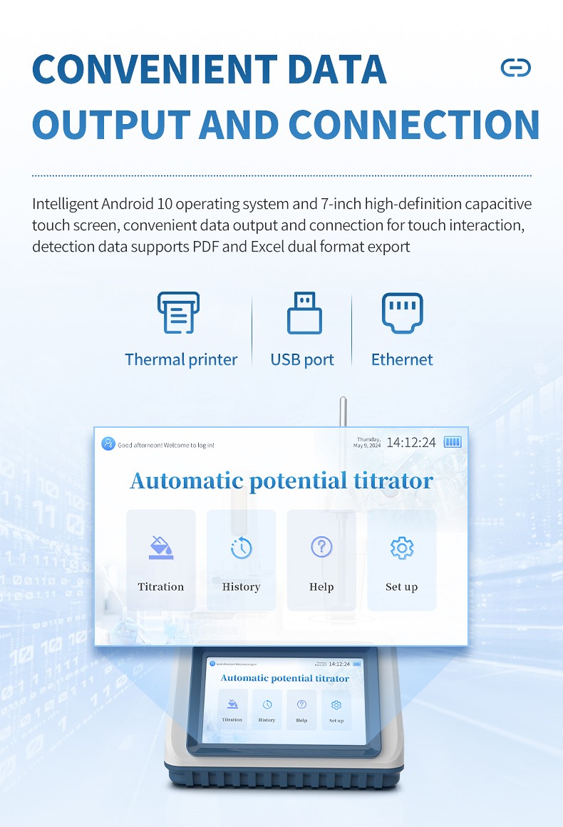 Convenient data output and connectivity options featuring built-in thermal printer, USB port, and Ethernet interface on Android 10 platform