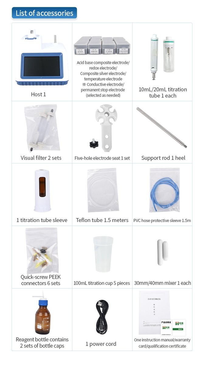 Standard and optional accessories list including host, titration electrodes, burettes, filters, electrode stand, and connection tubes